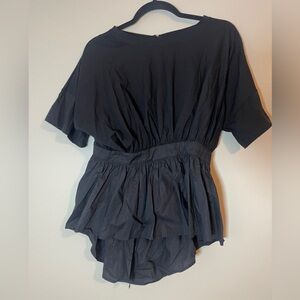 J. Brooks Blouse Size Large Black Ruffled Short Sleeve Open Tie Back Top